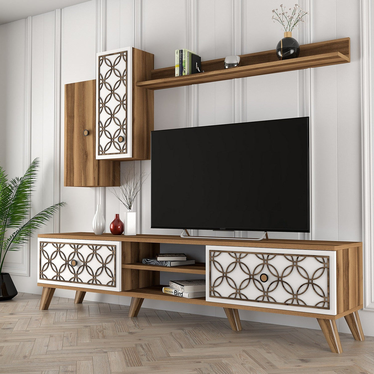 Comodă TV Class S, Diverse culori, 180x35x44 cm - Nuc - Alb | SKU: 845HCT3011 | Comodă TV Class S, 180x35x44 cm, varianta Nuc - Alb, produs pentru amenajarea locuinței, disponibil online în România la CasaMob
