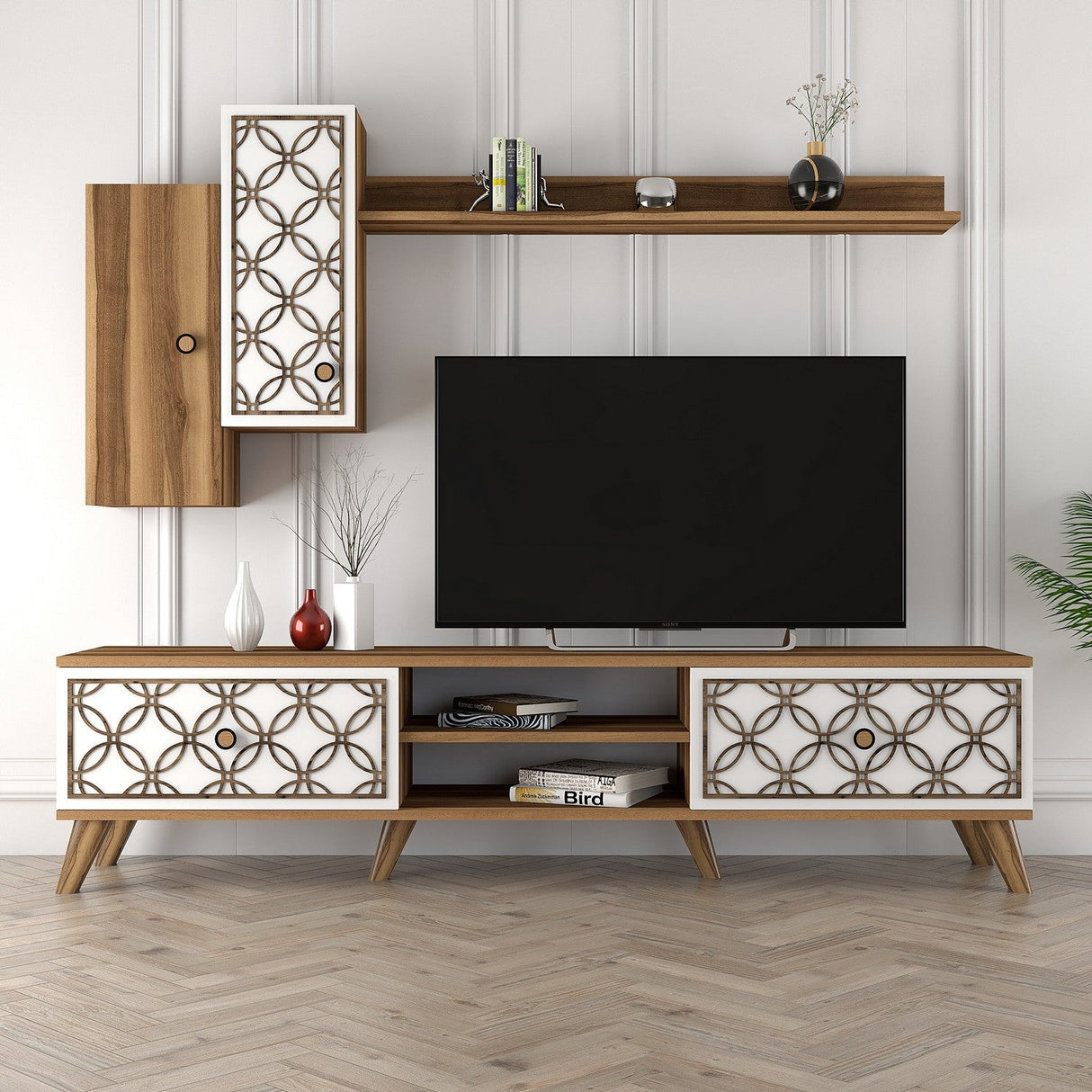 Comodă TV Class S, Diverse culori, 180x35x44 cm - Nuc - Alb | SKU: 845HCT3011 | Comodă TV Class S, 180x35x44 cm, varianta Nuc - Alb, produs pentru amenajarea locuinței, disponibil online în România la CasaMob