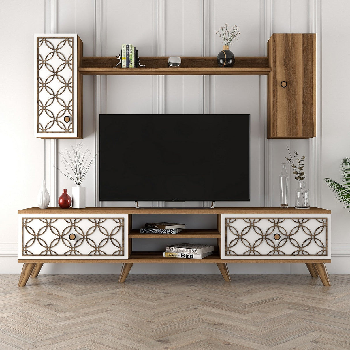 Comodă TV Class S, Diverse culori, 180x35x44 cm - Nuc - Alb | SKU: 845HCT3011 | Comodă TV Class S, 180x35x44 cm, varianta Nuc - Alb, produs pentru amenajarea locuinței, disponibil online în România la CasaMob