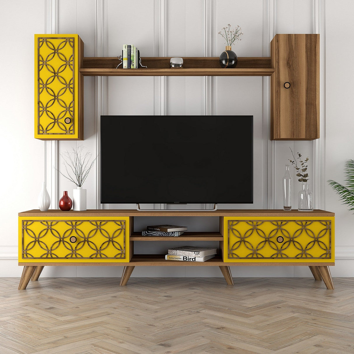 Comodă TV Class S, Diverse culori, 180x35x44 cm - Nuc - Galben | SKU: 845HCT3014 | Comodă TV Class S, 180x35x44 cm, varianta Nuc - Galben, produs pentru amenajarea locuinței, disponibil online în România la CasaMob