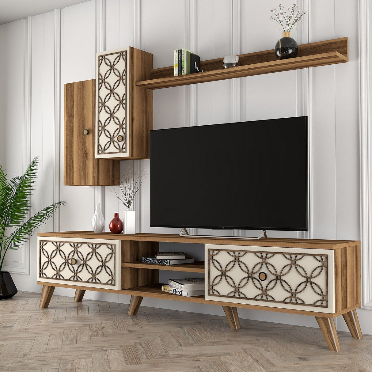Comodă TV Class S, Diverse culori, 180x35x44 cm - Nuc - Crem | SKU: 845HCT3016 | Comodă TV Class S, 180x35x44 cm, varianta Nuc - Crem, produs pentru amenajarea locuinței, disponibil online în România la CasaMob