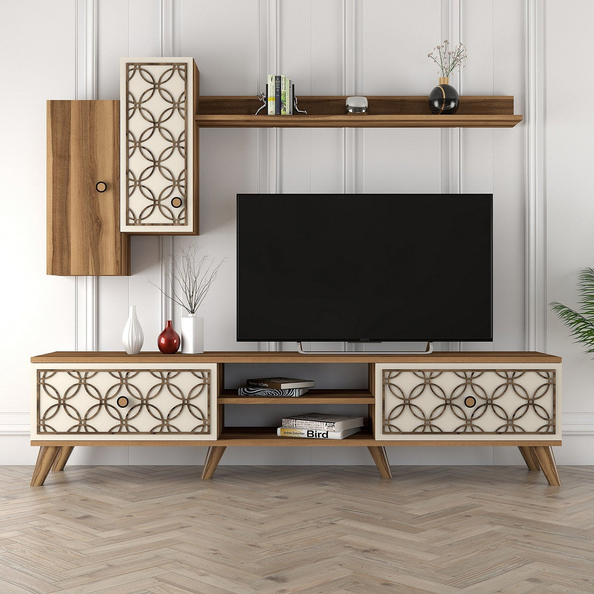 Comodă TV Class S, Diverse culori, 180x35x44 cm - Nuc - Crem | SKU: 845HCT3016 | Comodă TV Class S, 180x35x44 cm, varianta Nuc - Crem, produs pentru amenajarea locuinței, disponibil online în România la CasaMob