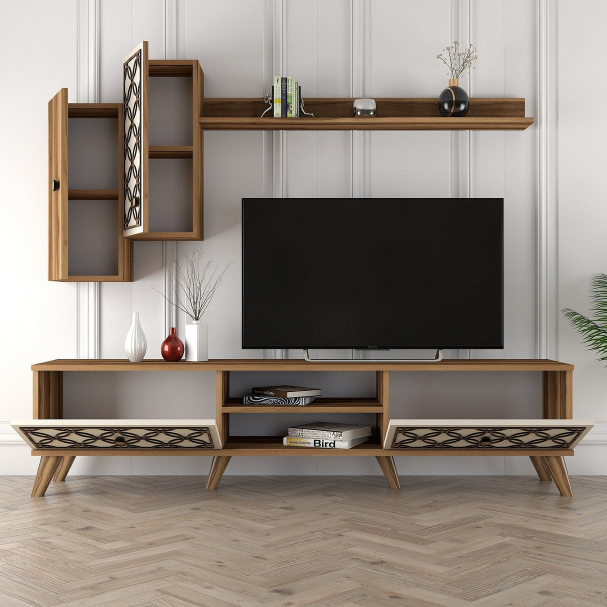 Comodă TV Class S, Diverse culori, 180x35x44 cm - Nuc - Crem | SKU: 845HCT3016 | Comodă TV Class S, 180x35x44 cm, varianta Nuc - Crem, produs pentru amenajarea locuinței, disponibil online în România la CasaMob