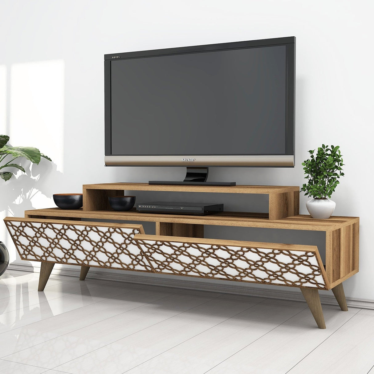 Comodă TV City, Diverse culori, 140x42x49 cm - Nuc - Alb | SKU: 845HCT3017 | Comodă TV City, 140x42x49 cm, varianta Nuc - Alb, produs pentru amenajarea locuinței, disponibil online în România la CasaMob