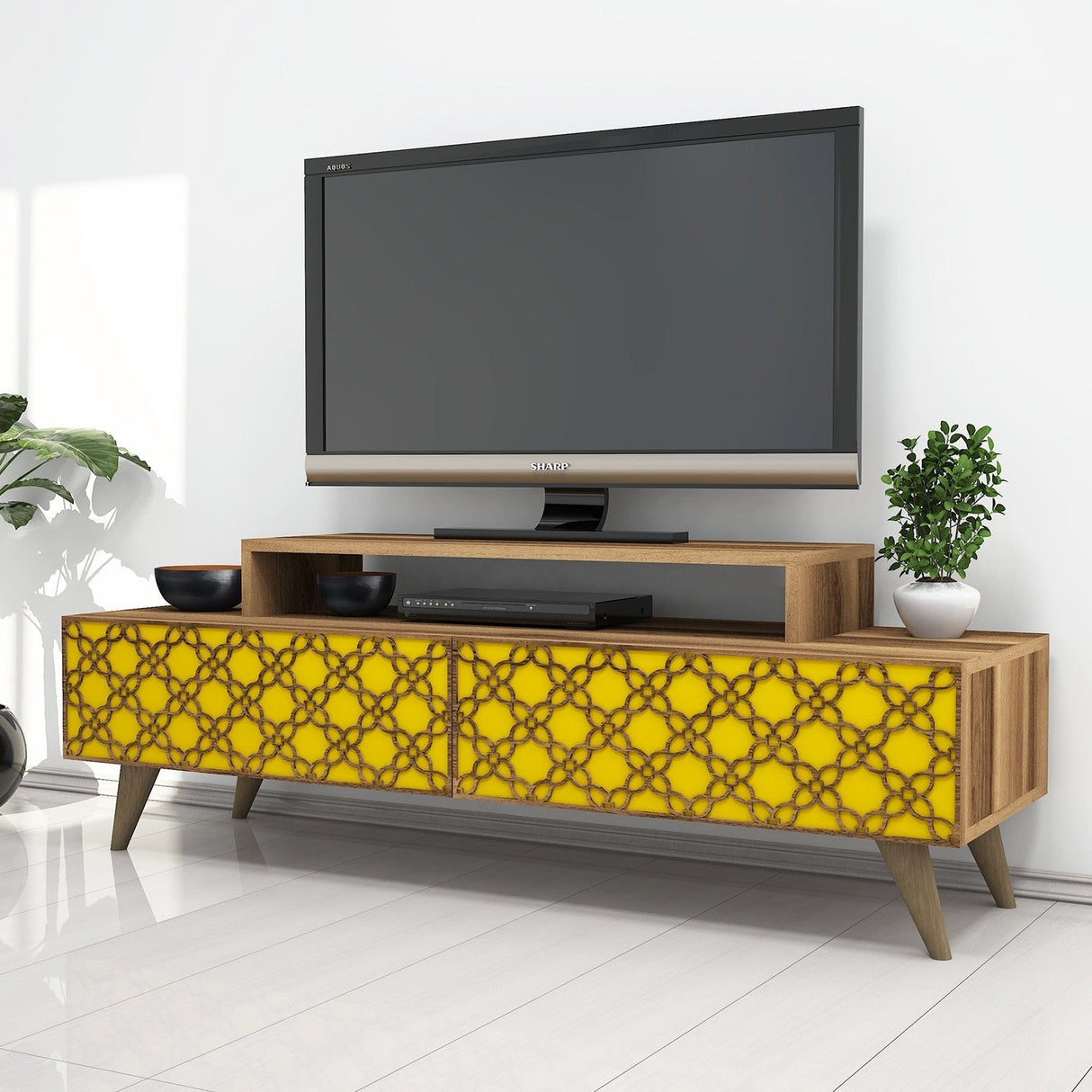 Comodă TV City, Diverse culori, 140x42x49 cm - Nuc - Galben | SKU: 845HCT3021 | Comodă TV City, 140x42x49 cm, varianta Nuc - Galben, produs pentru amenajarea locuinței, disponibil online în România la CasaMob