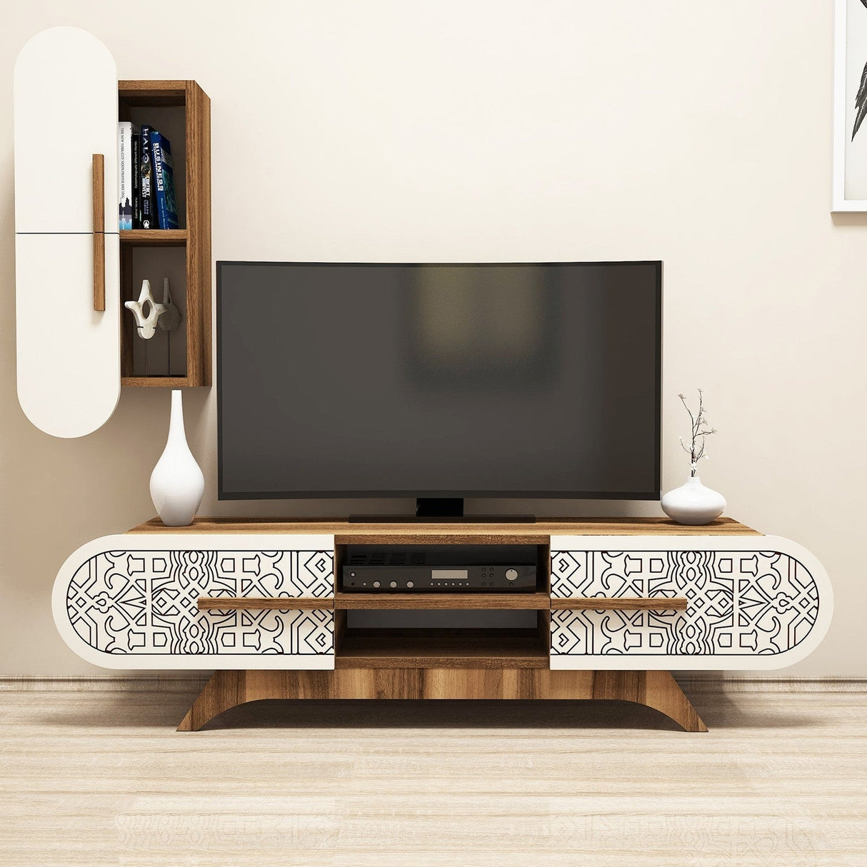 Comodă TV Defne, Diverse culori, Diverse dimensiuni - Nuc - Crem - 145x35x37 cm | SKU: 845HCT3023 | Comodă TV Defne, varianta Nuc - Crem - 145x35x37 cm, produs pentru amenajarea locuinței, disponibil online în România la CasaMob
