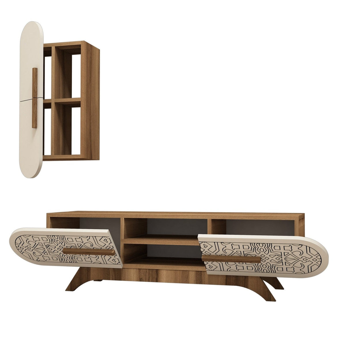 Comodă TV Defne, Diverse culori, Diverse dimensiuni - Nuc - Crem - 145x35x37 cm | SKU: 845HCT3023 | Comodă TV Defne, varianta Nuc - Crem - 145x35x37 cm, produs pentru amenajarea locuinței, disponibil online în România la CasaMob
