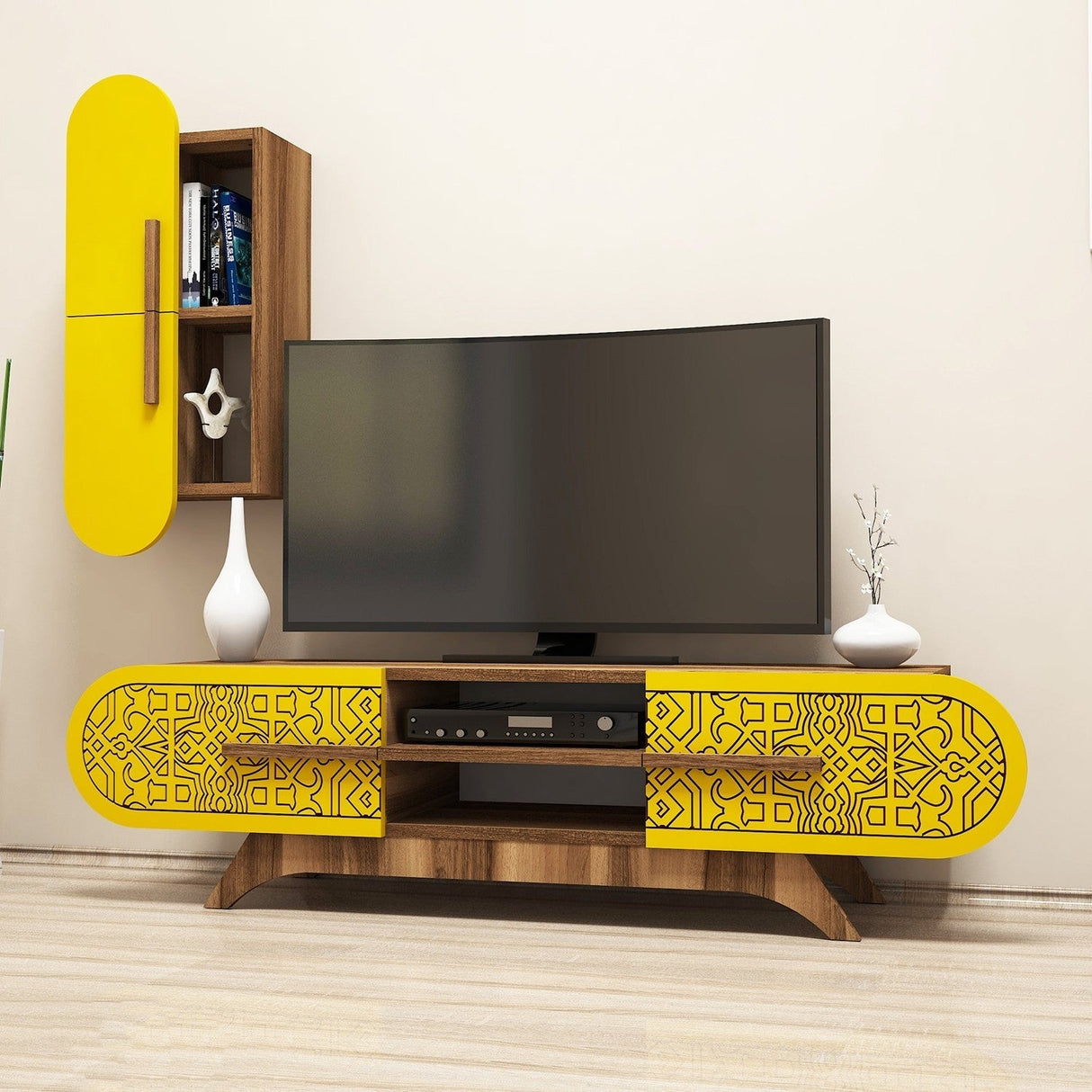 Comodă TV Defne, Diverse culori, Diverse dimensiuni - Nuc - Galben - 145x35x37 cm | SKU: 845HCT3024 | Comodă TV Defne, varianta Nuc - Galben - 145x35x37 cm, produs pentru amenajarea locuinței, disponibil online în România la CasaMob