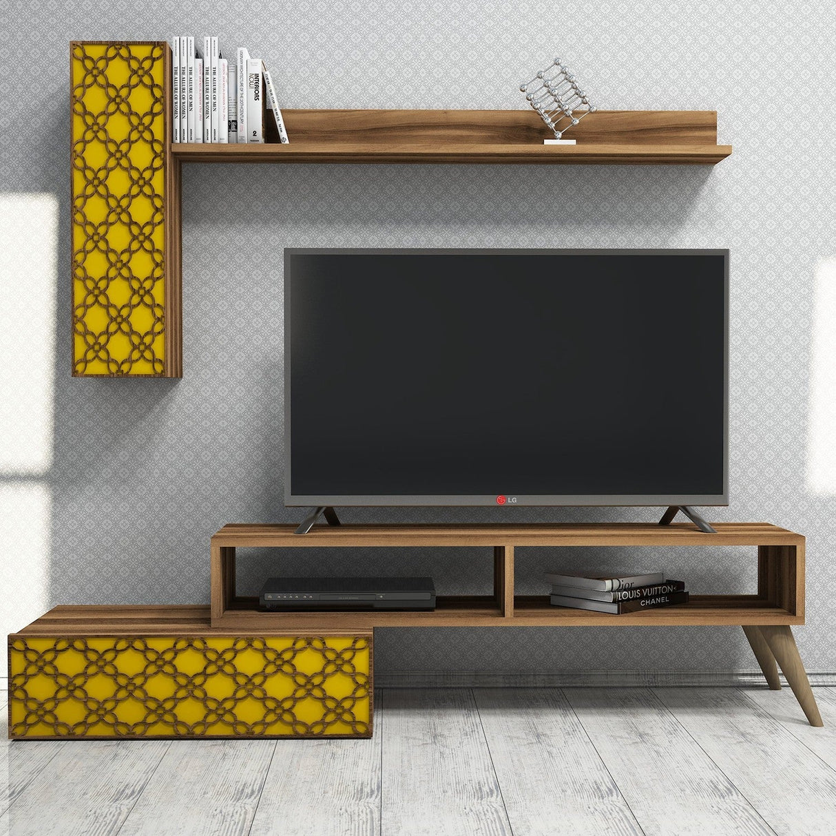 Comodă TV Planet, Diverse culori, 150x37x38 cm - Nuc - Galben | SKU: 845HCT3048 | Comodă TV Planet, 150x37x38 cm, varianta Nuc - Galben, produs pentru amenajarea locuinței, disponibil online în România la CasaMob
