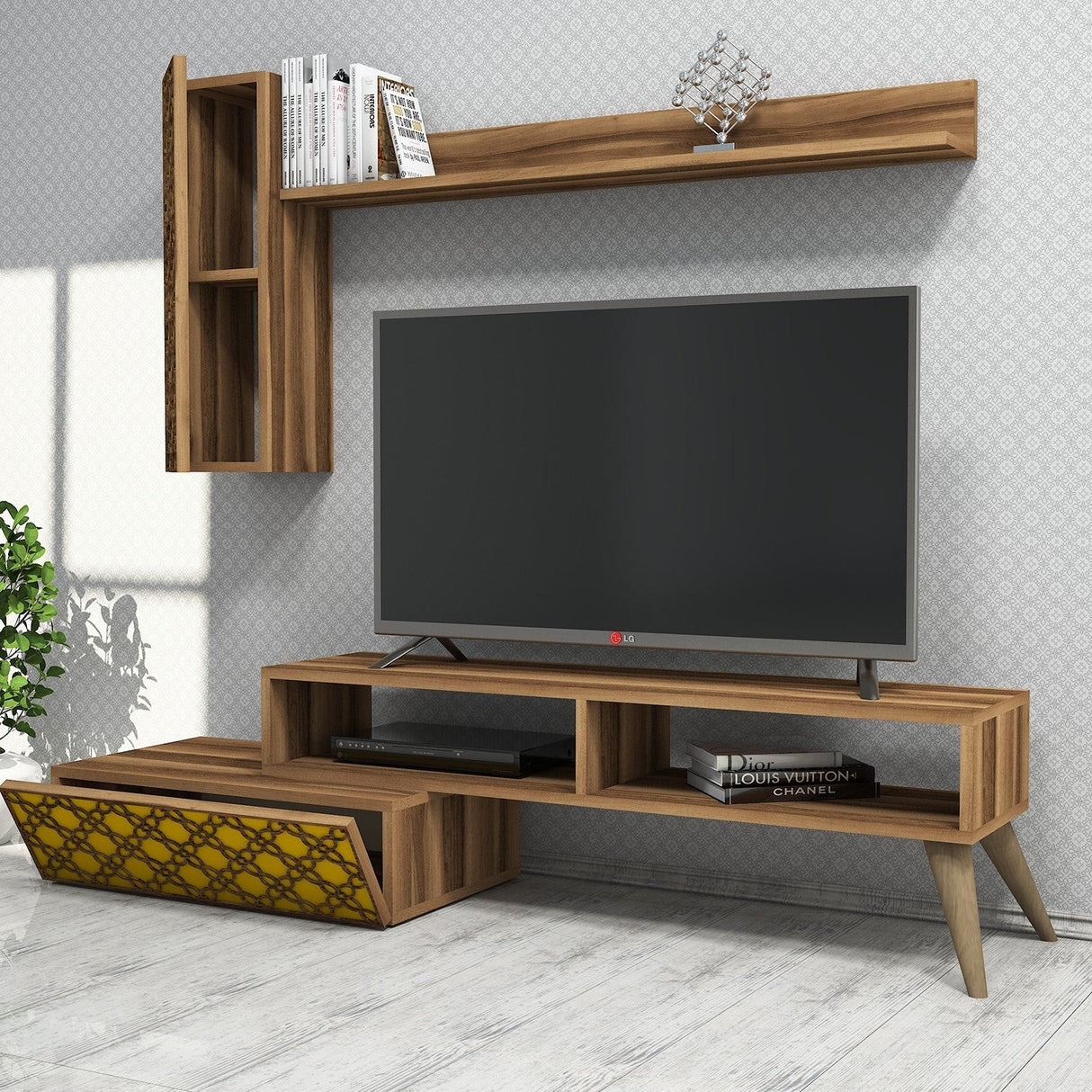 Comodă TV Planet, Diverse culori, 150x37x38 cm - Nuc - Galben | SKU: 845HCT3048 | Comodă TV Planet, 150x37x38 cm, varianta Nuc - Galben, produs pentru amenajarea locuinței, disponibil online în România la CasaMob