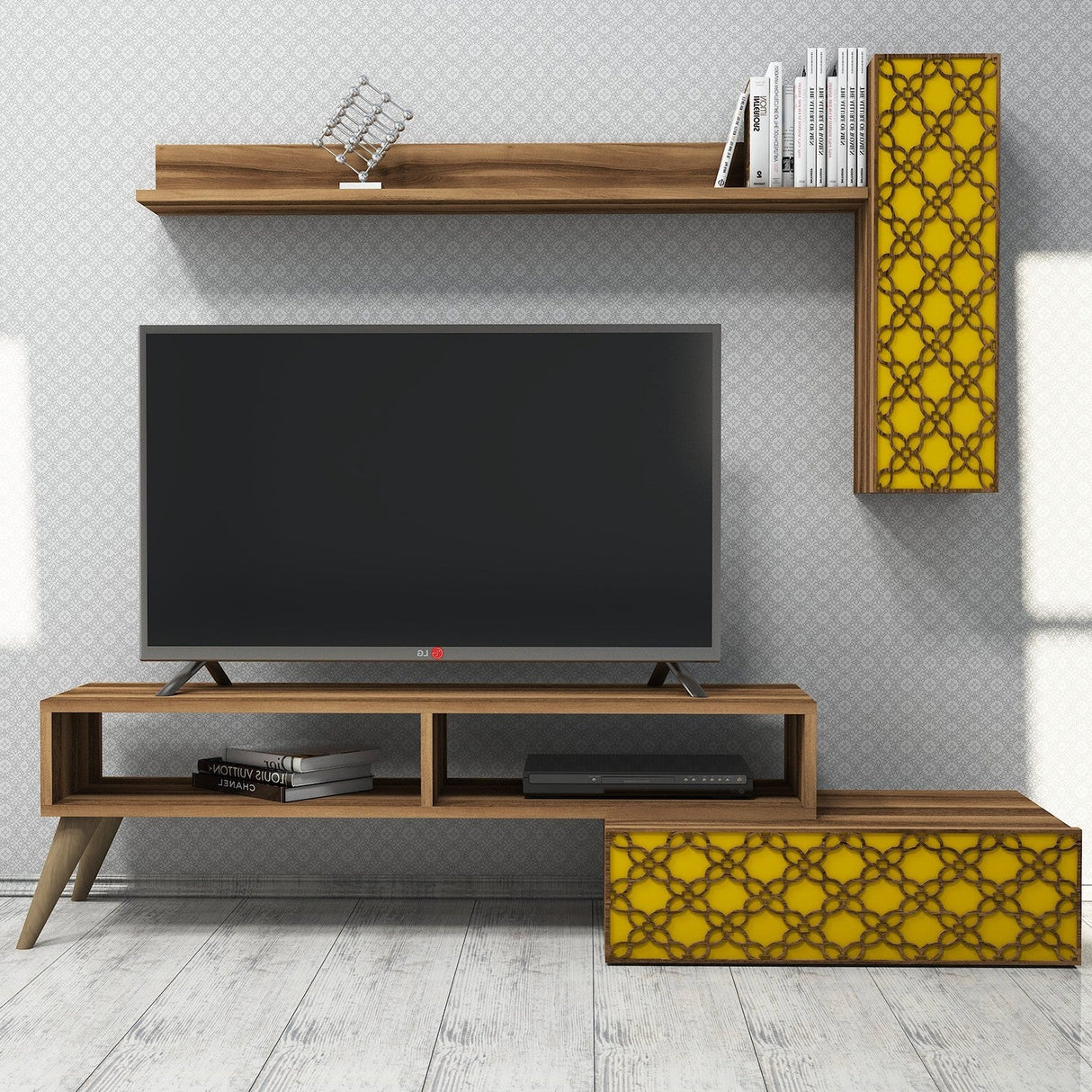 Comodă TV Planet, Diverse culori, 150x37x38 cm - Nuc - Galben | SKU: 845HCT3048 | Comodă TV Planet, 150x37x38 cm, varianta Nuc - Galben, produs pentru amenajarea locuinței, disponibil online în România la CasaMob