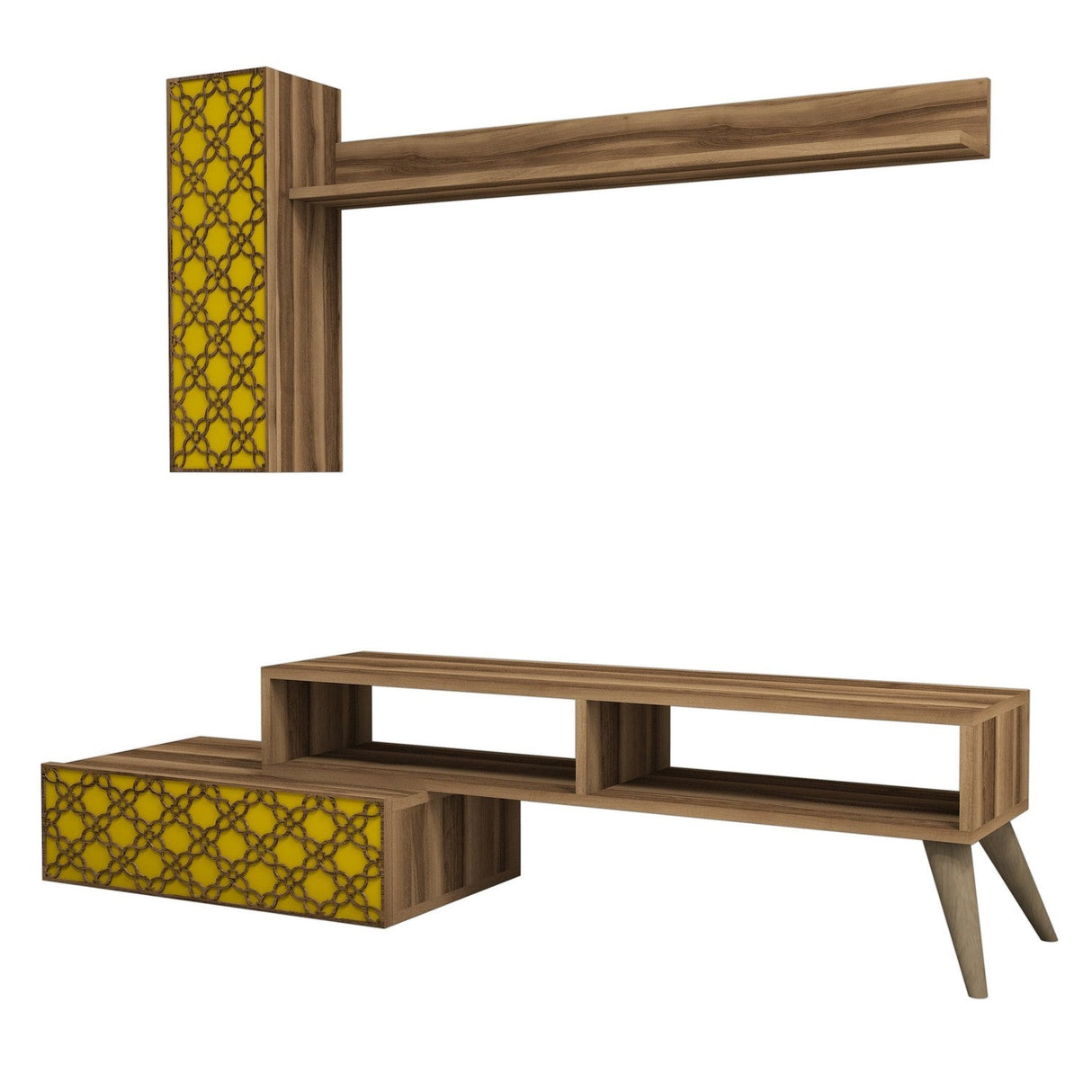 Comodă TV Planet, Diverse culori, 150x37x38 cm - Nuc - Galben | SKU: 845HCT3048 | Comodă TV Planet, 150x37x38 cm, varianta Nuc - Galben, produs pentru amenajarea locuinței, disponibil online în România la CasaMob