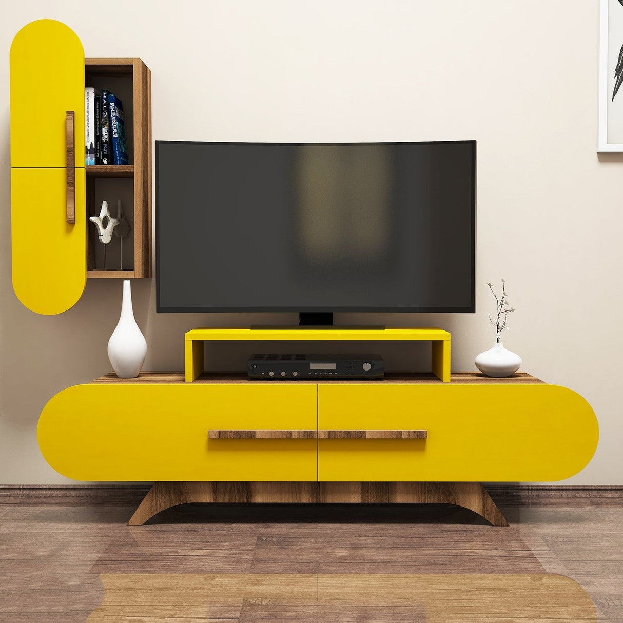Comodă TV Rose S, Diverse culori, 145x37x50 cm - Nuc - Galben | SKU: 845HCT3055 | Comodă TV Rose S, 145x37x50 cm, varianta Nuc - Galben, produs pentru amenajarea locuinței, disponibil online în România la CasaMob