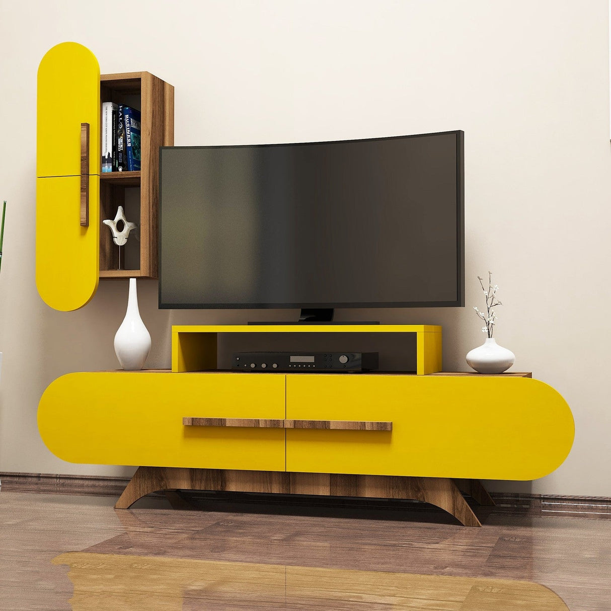 Comodă TV Rose S, Diverse culori, 145x37x50 cm - Nuc - Galben | SKU: 845HCT3055 | Comodă TV Rose S, 145x37x50 cm, varianta Nuc - Galben, produs pentru amenajarea locuinței, disponibil online în România la CasaMob