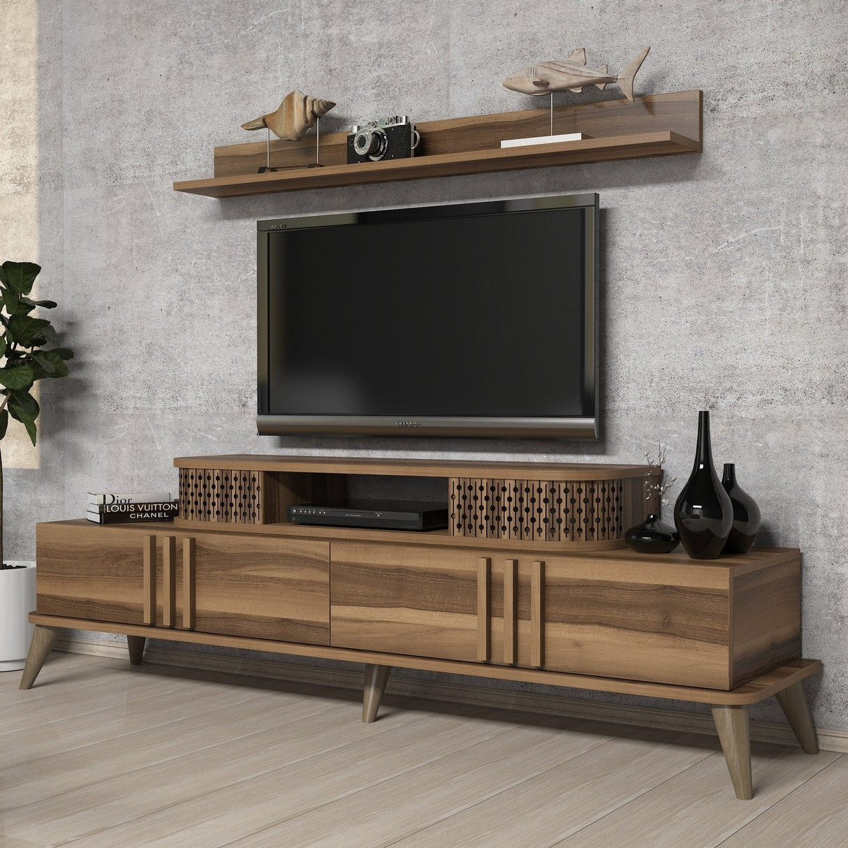 Comodă TV Eylül, Diverse culori, 168x39x52 cm - Nuc | SKU: 845HCT3059 | Comodă TV Eylül, 168x39x52 cm, varianta Nuc, produs pentru amenajarea locuinței, disponibil online în România la CasaMob
