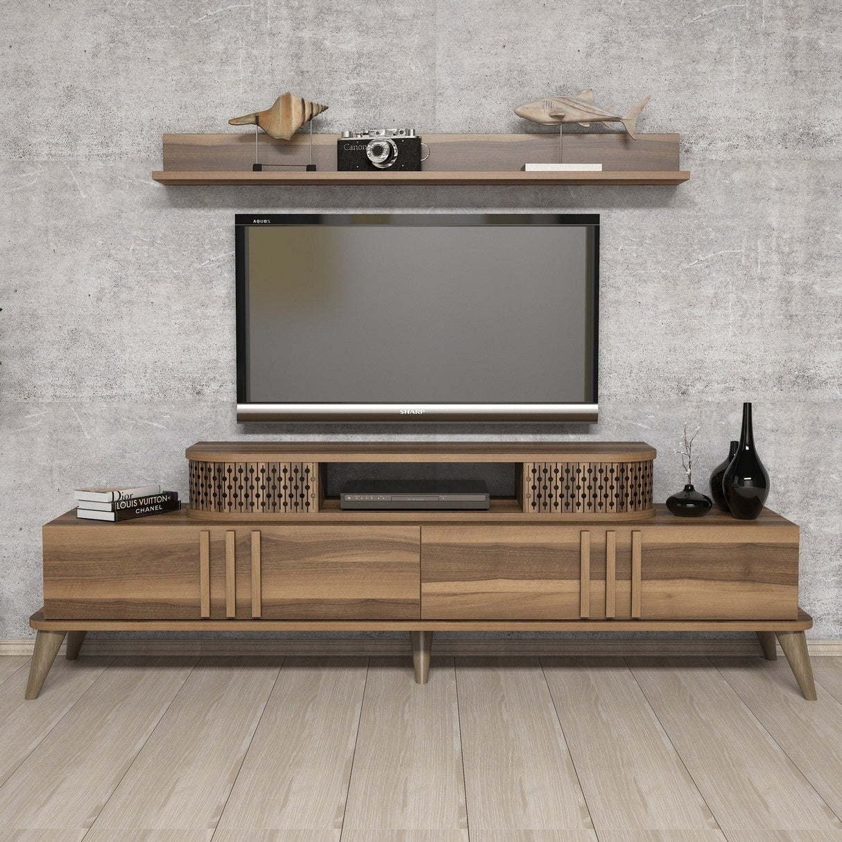 Comodă TV Eylül, Diverse culori, 168x39x52 cm - Nuc | SKU: 845HCT3059 | Comodă TV Eylül, 168x39x52 cm, varianta Nuc, produs pentru amenajarea locuinței, disponibil online în România la CasaMob