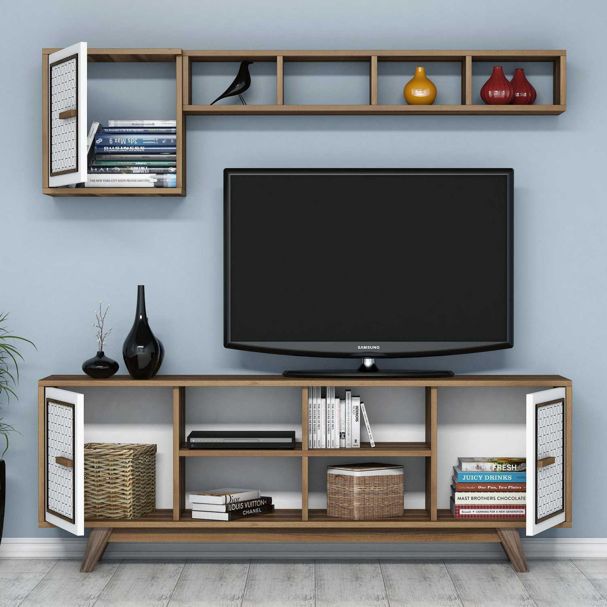 Comodă TV Ayla, Diverse culori, 160x35x56 cm - Nuc - Alb | SKU: 845HCT3063 | Comodă TV Ayla, 160x35x56 cm, varianta Nuc - Alb, produs pentru amenajarea locuinței, disponibil online în România la CasaMob