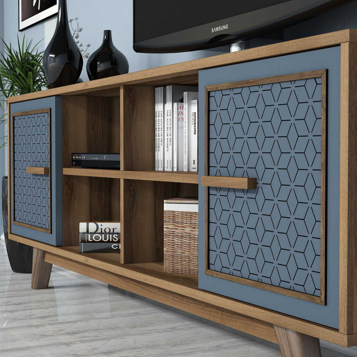 Comodă TV Ayla, Diverse culori, 160x35x56 cm - Nuc - Albastru | SKU: 845HCT3065 | Comodă TV Ayla, 160x35x56 cm, varianta Nuc - Albastru, produs pentru amenajarea locuinței, disponibil online în România la CasaMob