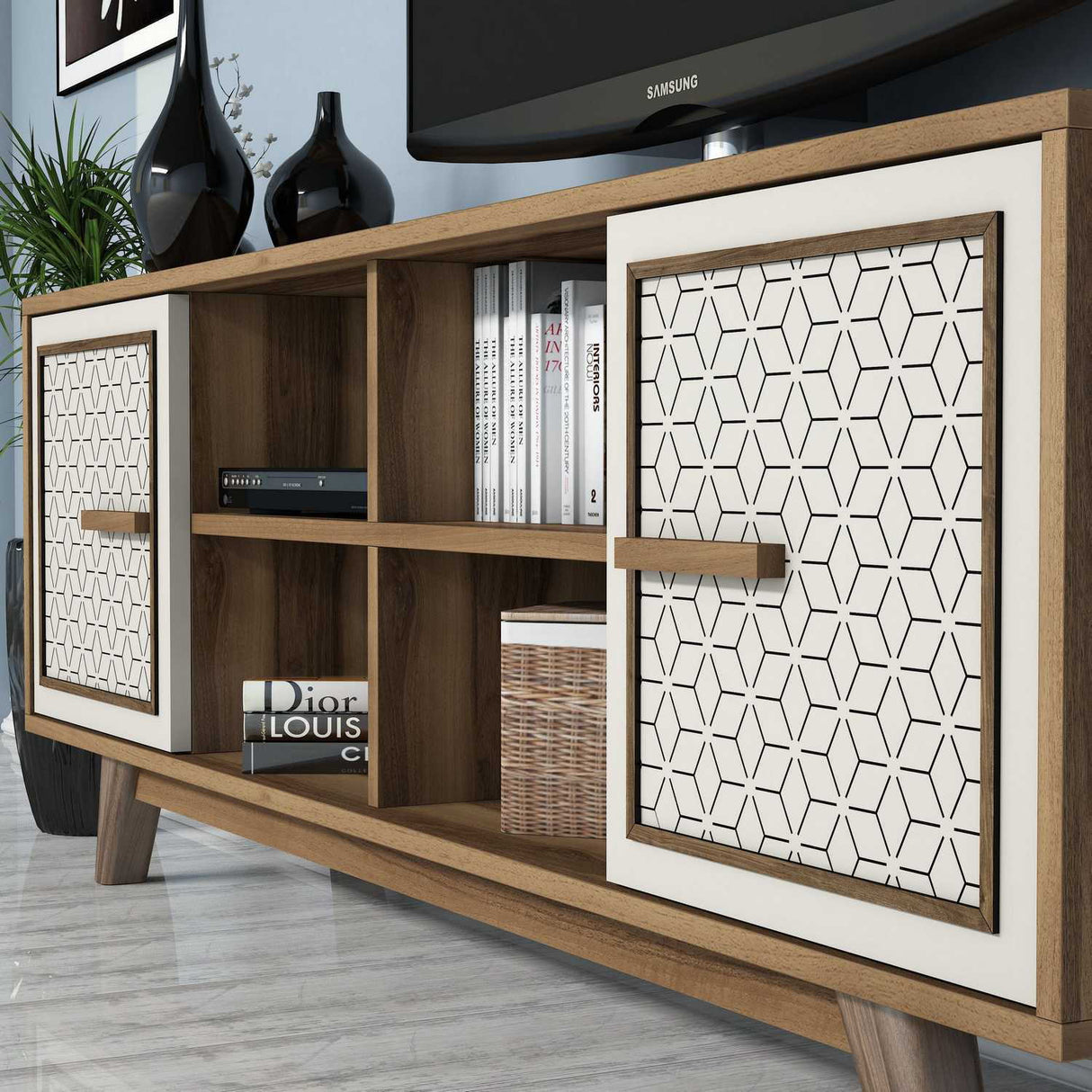Comodă TV Ayla, Diverse culori, 160x35x56 cm - Nuc - Crem | SKU: 845HCT3066 | Comodă TV Ayla, 160x35x56 cm, varianta Nuc - Crem, produs pentru amenajarea locuinței, disponibil online în România la CasaMob