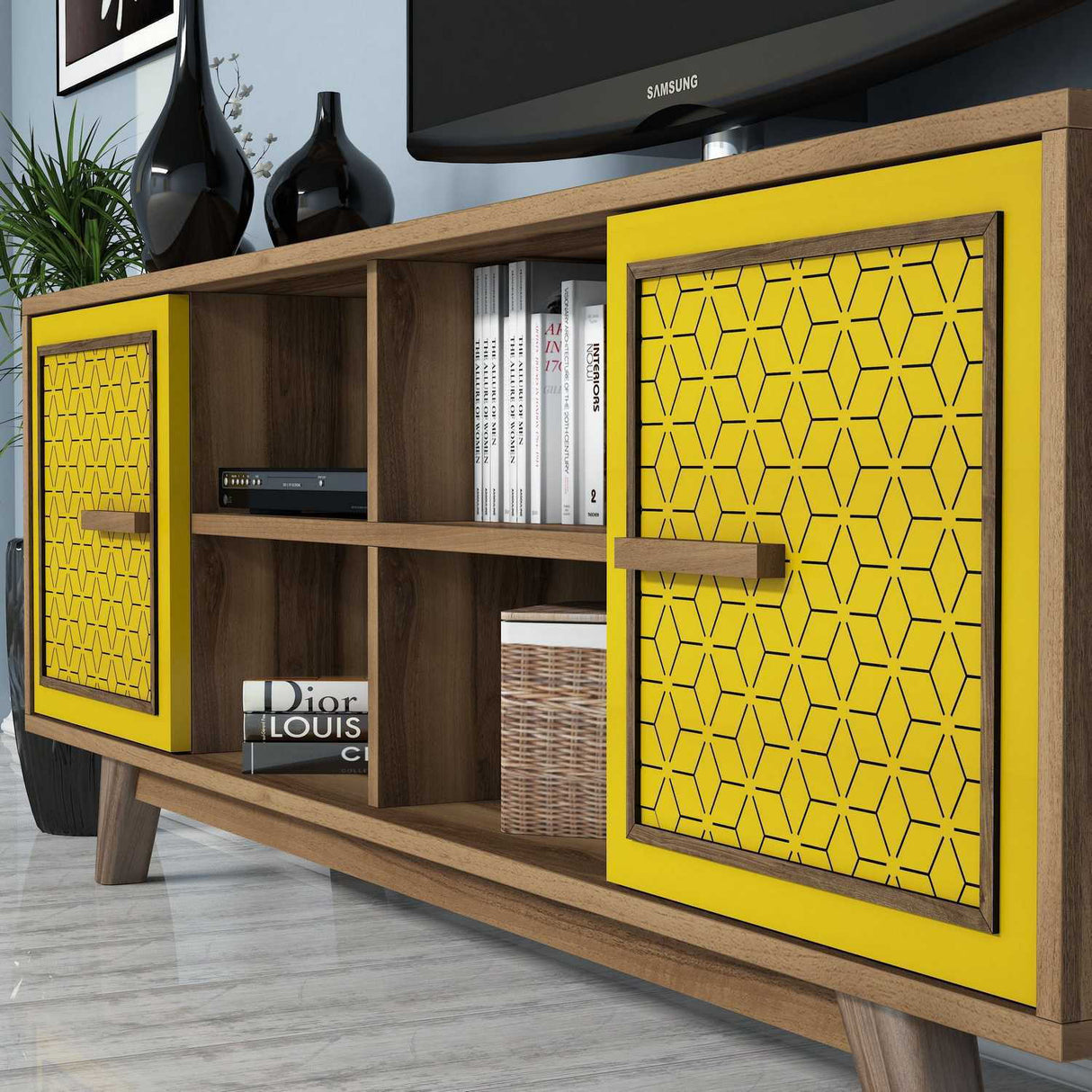 Comodă TV Ayla, Diverse culori, 160x35x56 cm - Nuc - Galben | SKU: 845HCT3067 | Comodă TV Ayla, 160x35x56 cm, varianta Nuc - Galben, produs pentru amenajarea locuinței, disponibil online în România la CasaMob
