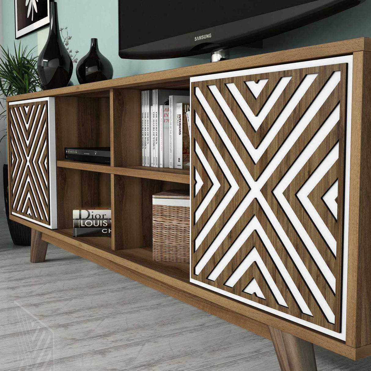 Comodă TV Inci, Diverse culori, 160x35x56 cm - Nuc - Alb | SKU: 845HCT3068 | Comodă TV Inci, 160x35x56 cm, varianta Nuc - Alb, produs pentru amenajarea locuinței, disponibil online în România la CasaMob