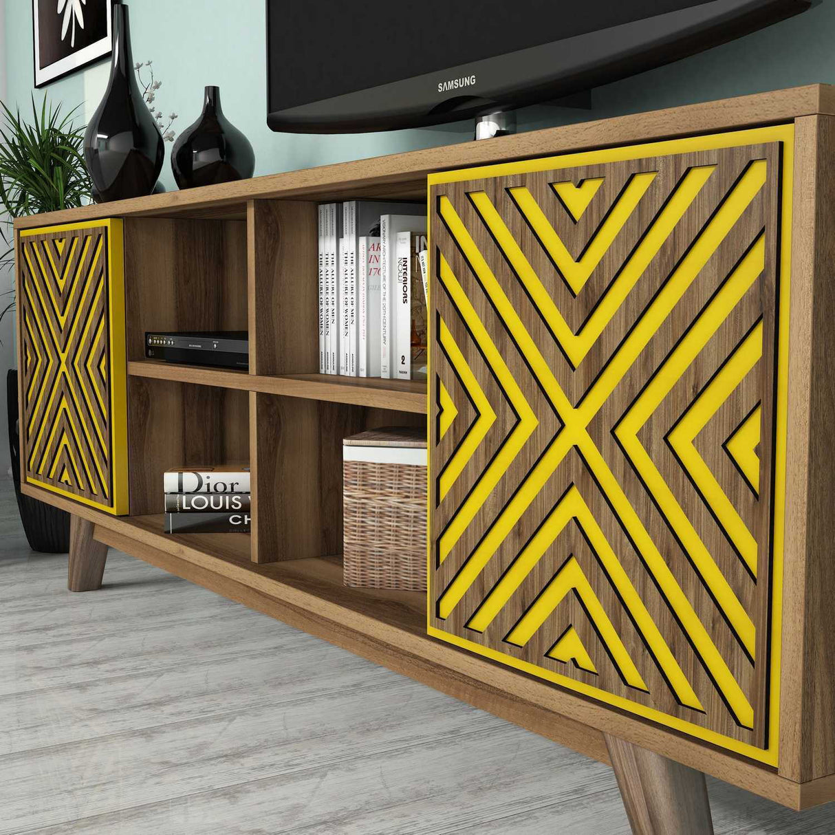 Comodă TV Inci, Diverse culori, 160x35x56 cm - Nuc - Galben | SKU: 845HCT3072 | Comodă TV Inci, 160x35x56 cm, varianta Nuc - Galben, produs pentru amenajarea locuinței, disponibil online în România la CasaMob
