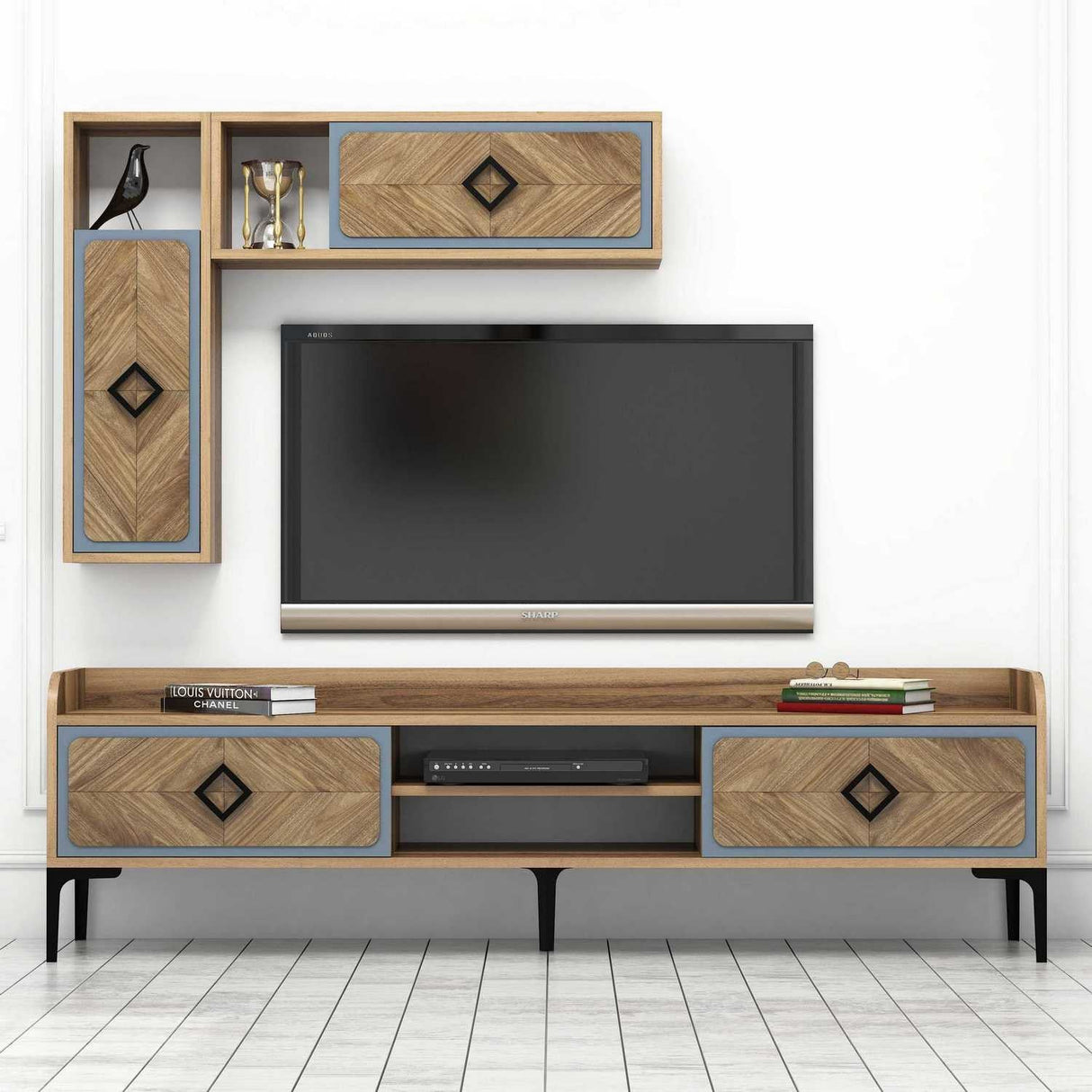 Comodă TV Samba, Diverse culori, 180x35x52 cm - Nuc - Albastru | SKU: 845HCT3074 | Comodă TV Samba, 180x35x52 cm, varianta Nuc - Albastru, produs pentru amenajarea locuinței, disponibil online în România la CasaMob