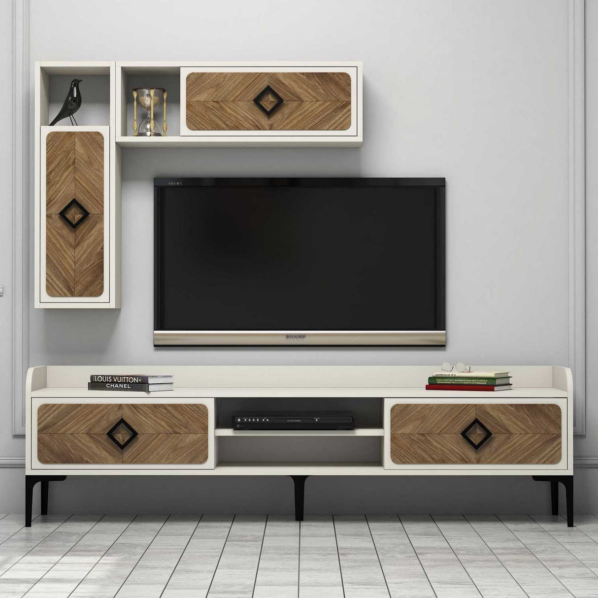 Comodă TV Samba, Diverse culori, 180x35x52 cm - Nuc - Crem | SKU: 845HCT3075 | Comodă TV Samba, 180x35x52 cm, varianta Nuc - Crem, produs pentru amenajarea locuinței, disponibil online în România la CasaMob