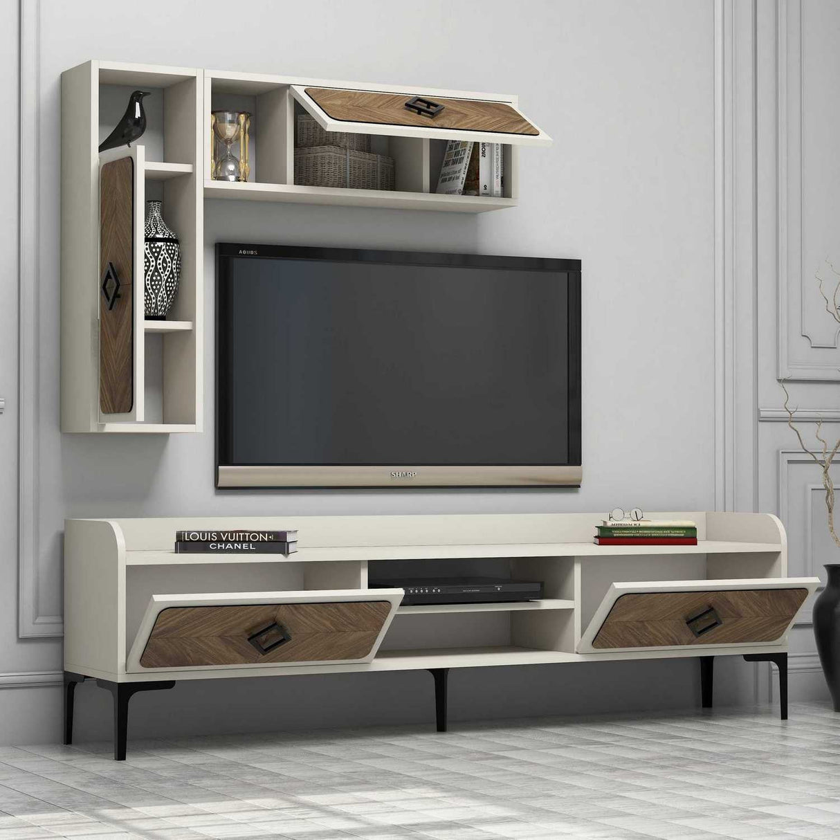 Comodă TV Samba, Diverse culori, 180x35x52 cm - Nuc - Crem | SKU: 845HCT3075 | Comodă TV Samba, 180x35x52 cm, varianta Nuc - Crem, produs pentru amenajarea locuinței, disponibil online în România la CasaMob