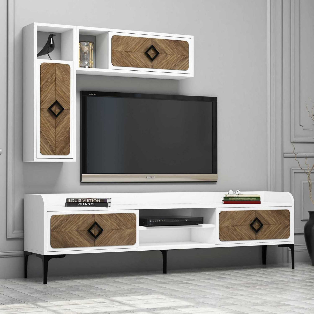 Comodă TV Samba, Diverse culori, 180x35x52 cm - Alb - Nuc | SKU: 845HCT3076 | Comodă TV Samba, 180x35x52 cm, varianta Alb - Nuc, produs pentru amenajarea locuinței, disponibil online în România la CasaMob