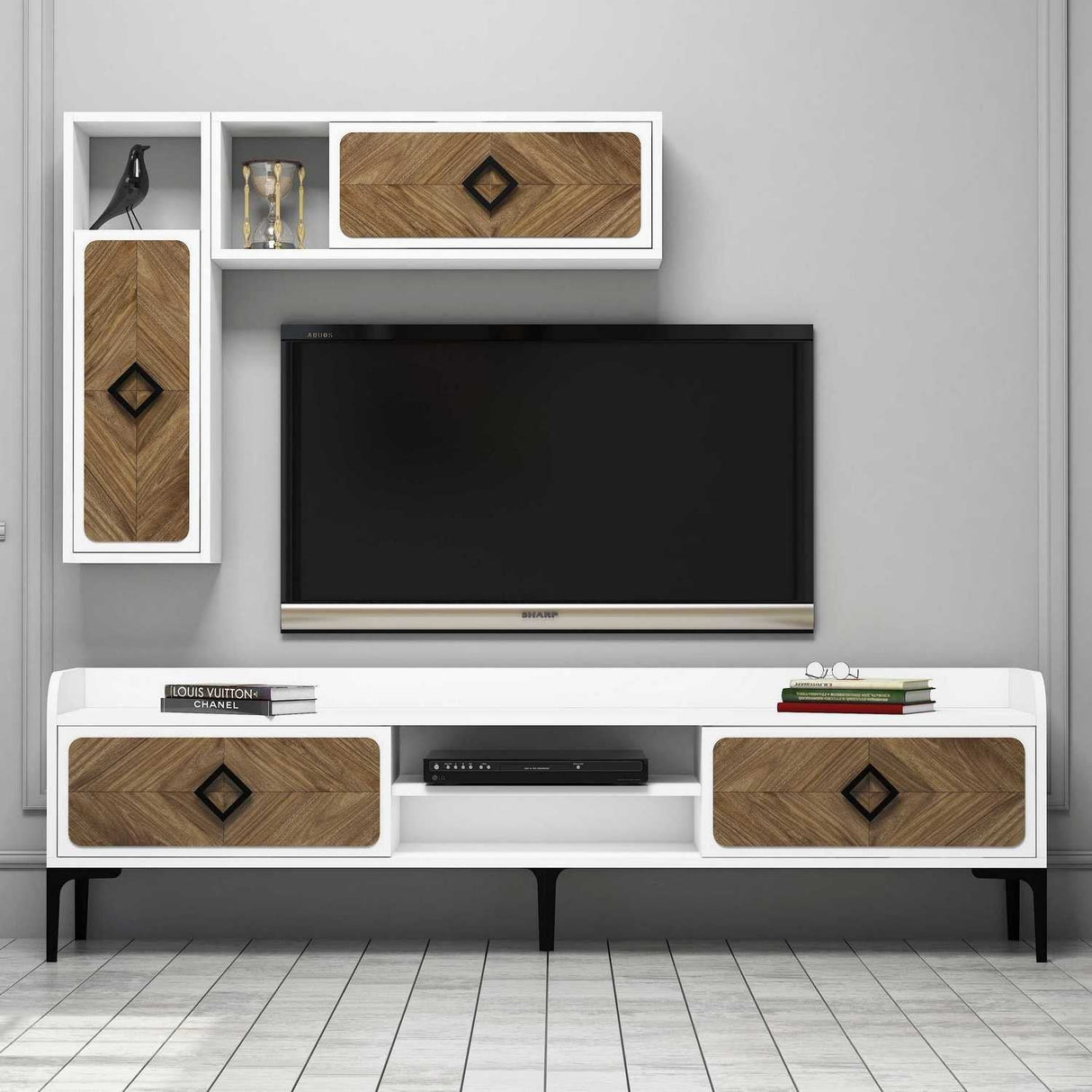 Comodă TV Samba, Diverse culori, 180x35x52 cm - Alb - Nuc | SKU: 845HCT3076 | Comodă TV Samba, 180x35x52 cm, varianta Alb - Nuc, produs pentru amenajarea locuinței, disponibil online în România la CasaMob