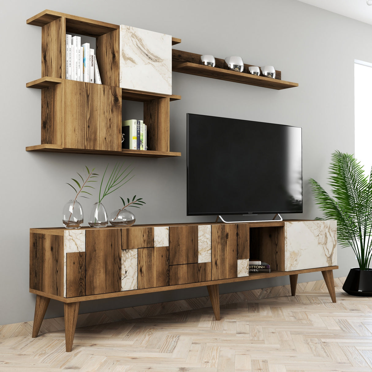 Comodă TV Madrid, Alb - Nuc, 180x34x49 cm