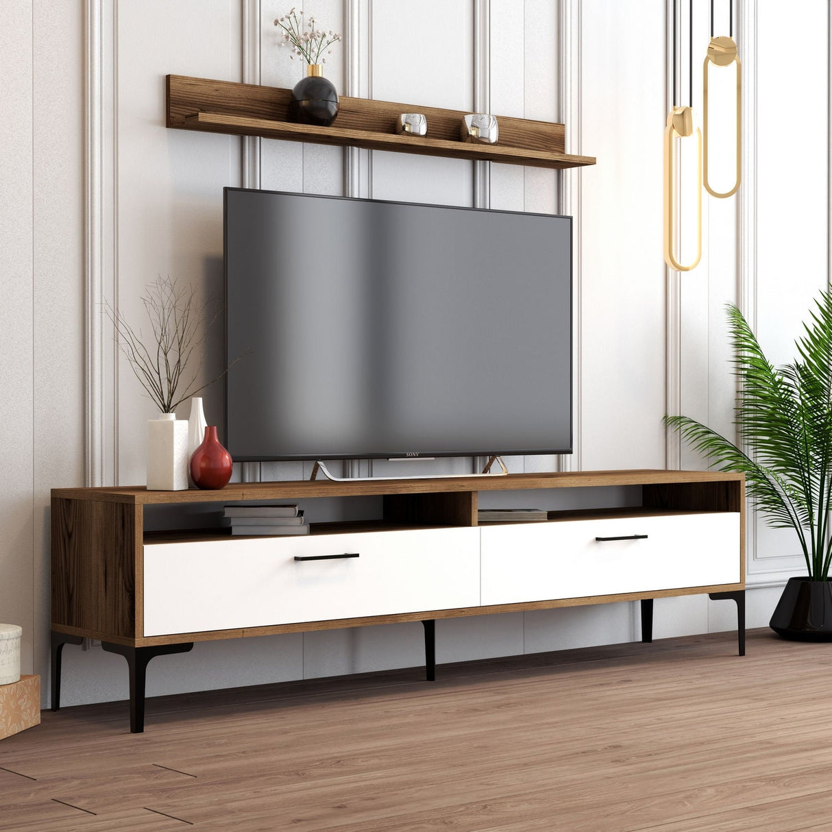 Comodă TV Istanbul, Diverse culori, 180x35x47 cm - Nuc - Alb | SKU: 845HCT3096 | Comodă TV Istanbul, 180x35x47 cm, varianta Nuc - Alb, produs pentru amenajarea locuinței, disponibil online în România la CasaMob