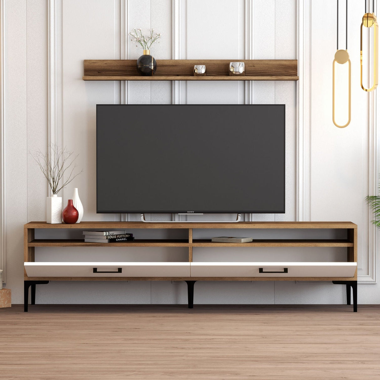Comodă TV Istanbul, Diverse culori, 180x35x47 cm - Nuc - Alb | SKU: 845HCT3096 | Comodă TV Istanbul, 180x35x47 cm, varianta Nuc - Alb, produs pentru amenajarea locuinței, disponibil online în România la CasaMob