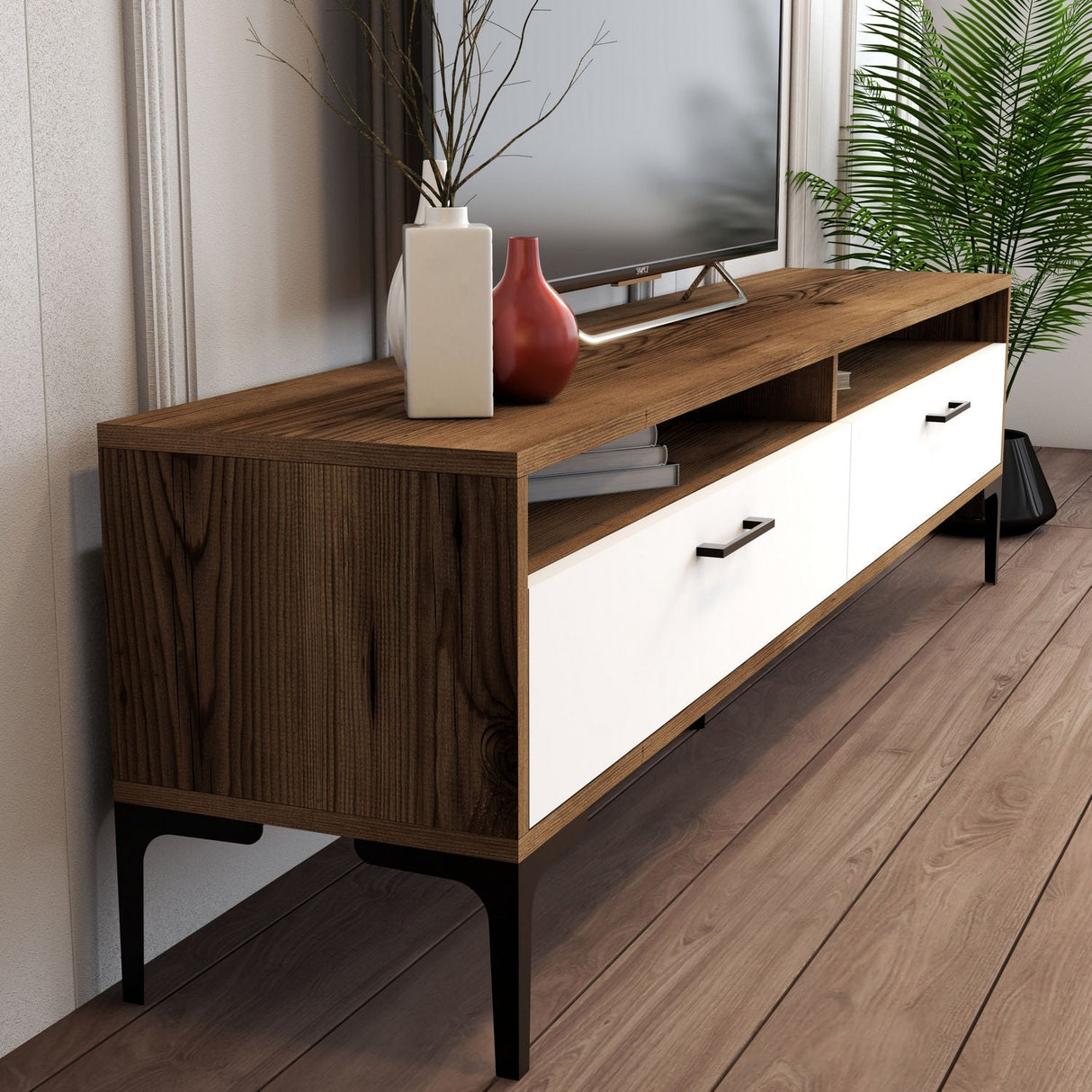 Comodă TV Istanbul, Diverse culori, 180x35x47 cm - Nuc - Alb | SKU: 845HCT3096 | Comodă TV Istanbul, 180x35x47 cm, varianta Nuc - Alb, produs pentru amenajarea locuinței, disponibil online în România la CasaMob