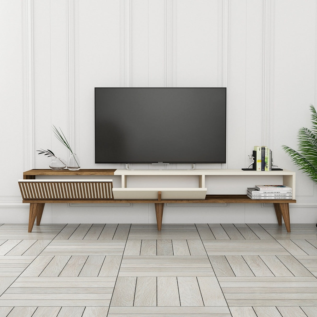 Comodă TV Milan Alt, Nuc - Crem, 180x35x40 cm
