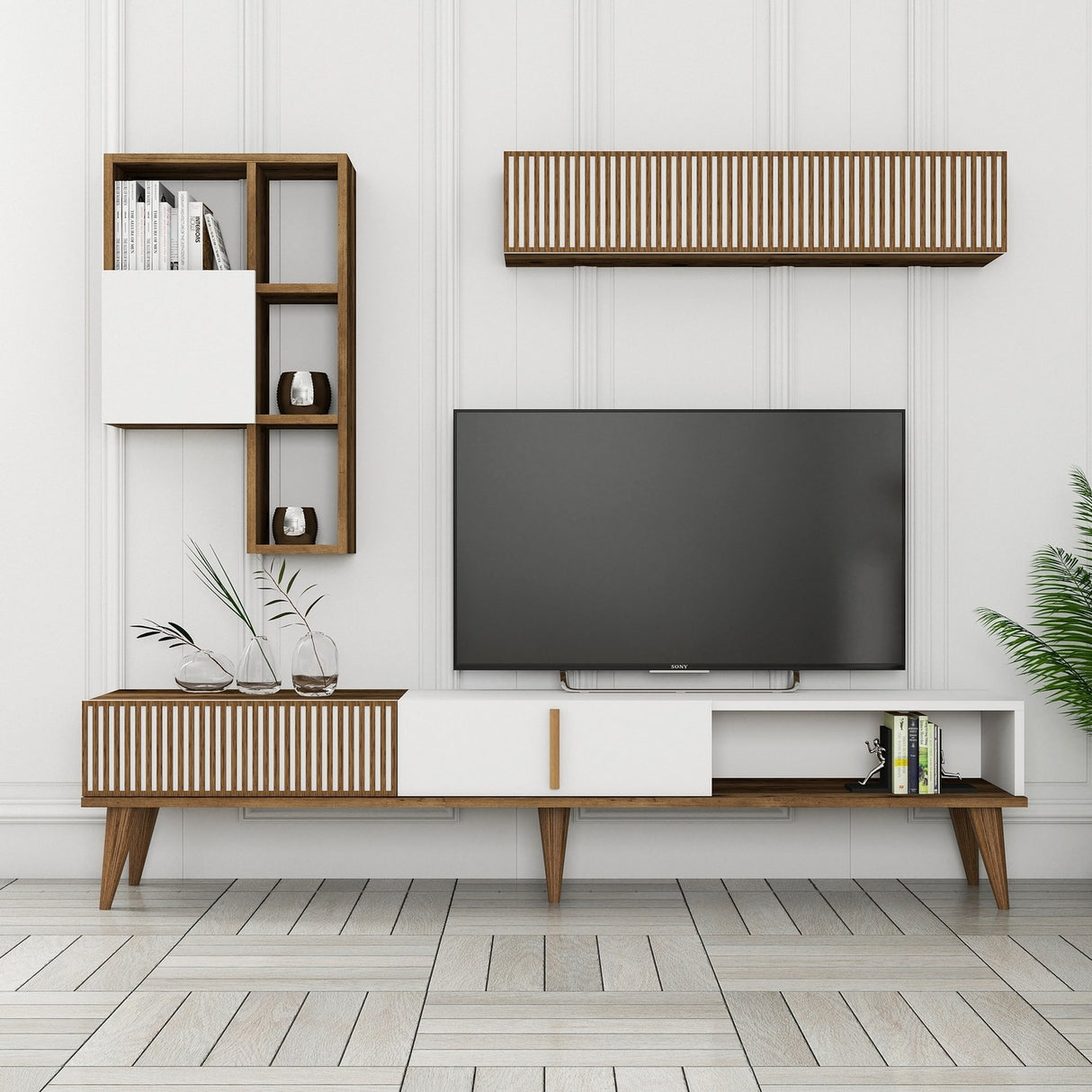 Comodă TV Milan TV, Nuc - Alb, 180x35x40 cm