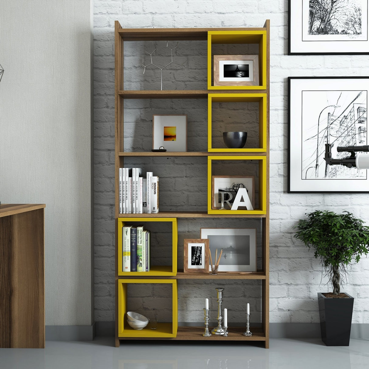 Bibliotecă Box, Diverse culori, 80x22x170 cm - Nuc - Galben | SKU: 845HCT3604 | Bibliotecă Box, 80x22x170 cm, varianta Nuc - Galben, produs pentru amenajarea locuinței, disponibil online în România la CasaMob