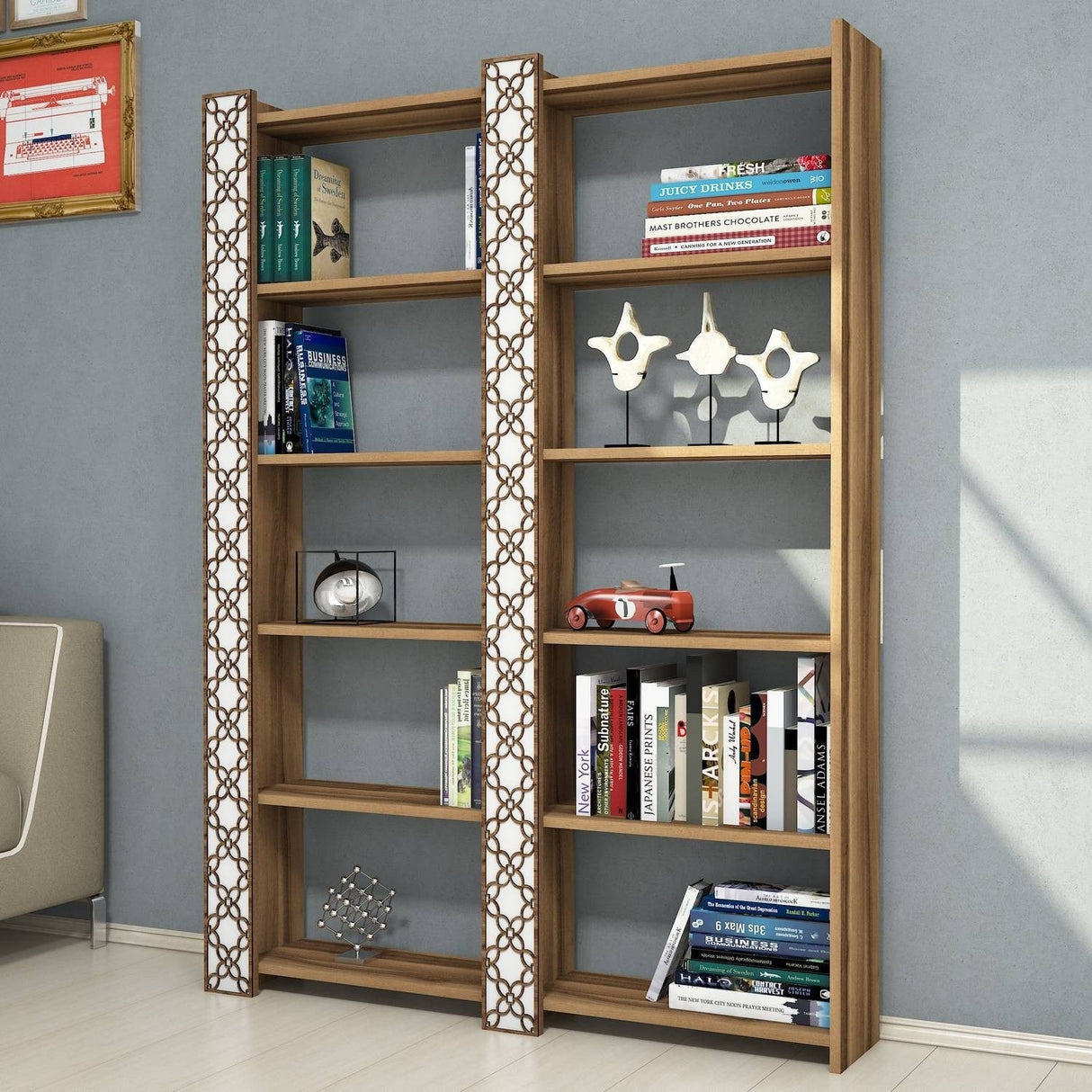 Bibliotecă City 2, Diverse culori, 125x24x170 cm - Nuc - Alb | SKU: 845HCT3612 | Bibliotecă City 2, 125x24x170 cm, varianta Nuc - Alb, produs pentru amenajarea locuinței, disponibil online în România la CasaMob