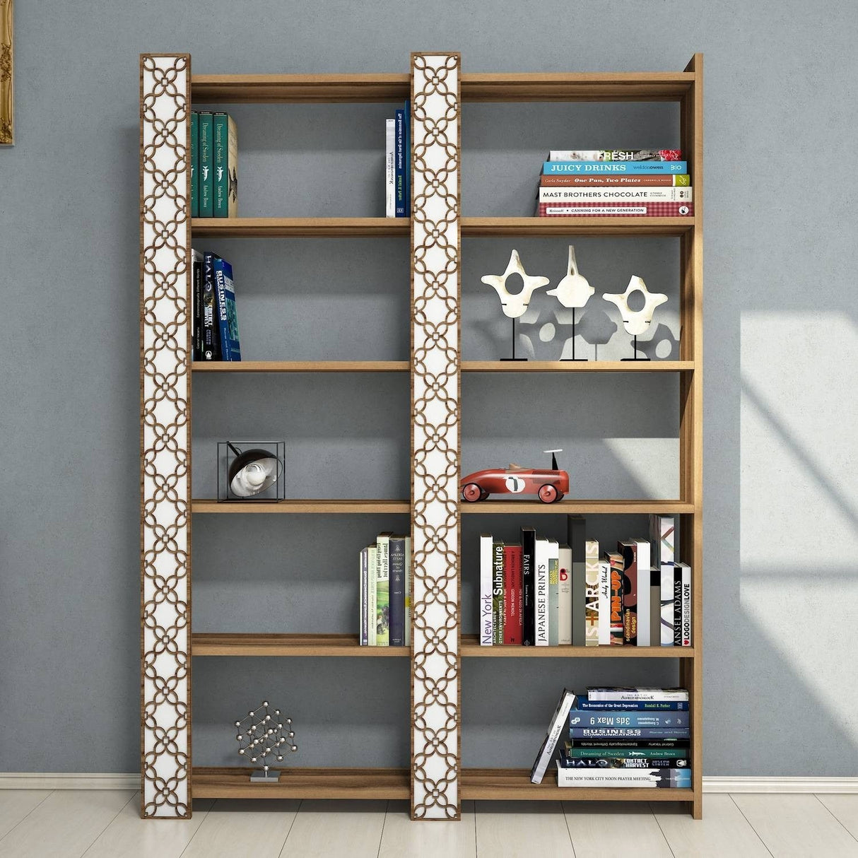 Bibliotecă City 2, Diverse culori, 125x24x170 cm - Nuc - Alb | SKU: 845HCT3612 | Bibliotecă City 2, 125x24x170 cm, varianta Nuc - Alb, produs pentru amenajarea locuinței, disponibil online în România la CasaMob