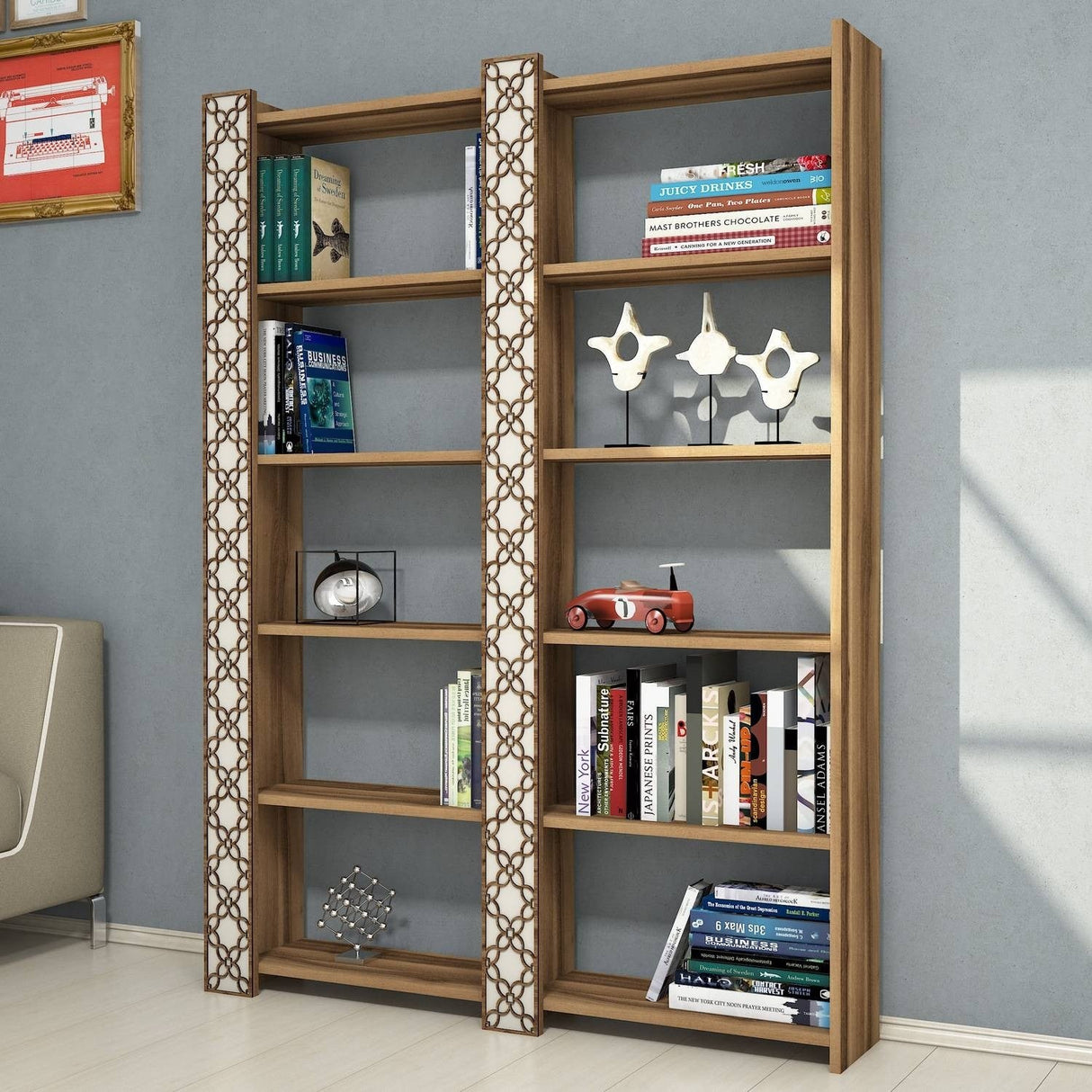 Bibliotecă City 2, Diverse culori, 125x24x170 cm - Nuc - Crem | SKU: 845HCT3615 | Bibliotecă City 2, 125x24x170 cm, varianta Nuc - Crem, produs pentru amenajarea locuinței, disponibil online în România la CasaMob