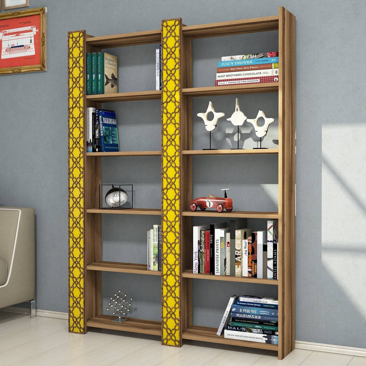 Bibliotecă City 2, Diverse culori, 125x24x170 cm - Nuc - Galben | SKU: 845HCT3616 | Bibliotecă City 2, 125x24x170 cm, varianta Nuc - Galben, produs pentru amenajarea locuinței, disponibil online în România la CasaMob