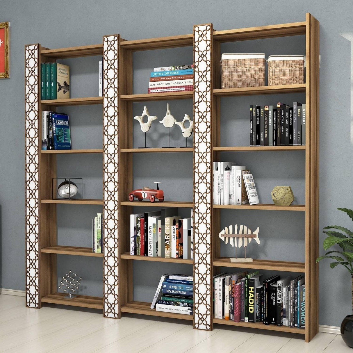 Bibliotecă City 3, Diverse culori, 185x24x170 cm - Nuc - Alb | SKU: 845HCT3618 | Bibliotecă City 3, 185x24x170 cm, varianta Nuc - Alb, produs pentru amenajarea locuinței, disponibil online în România la CasaMob