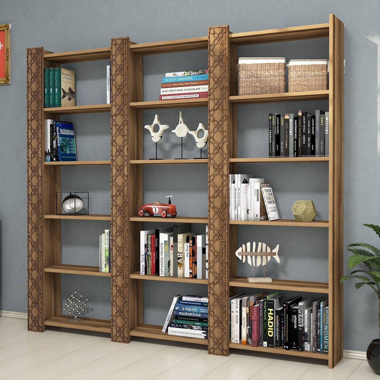 Bibliotecă City 3, Diverse culori, 185x24x170 cm - Nuc | SKU: 845HCT3619 | Bibliotecă City 3, 185x24x170 cm, varianta Nuc, produs pentru amenajarea locuinței, disponibil online în România la CasaMob