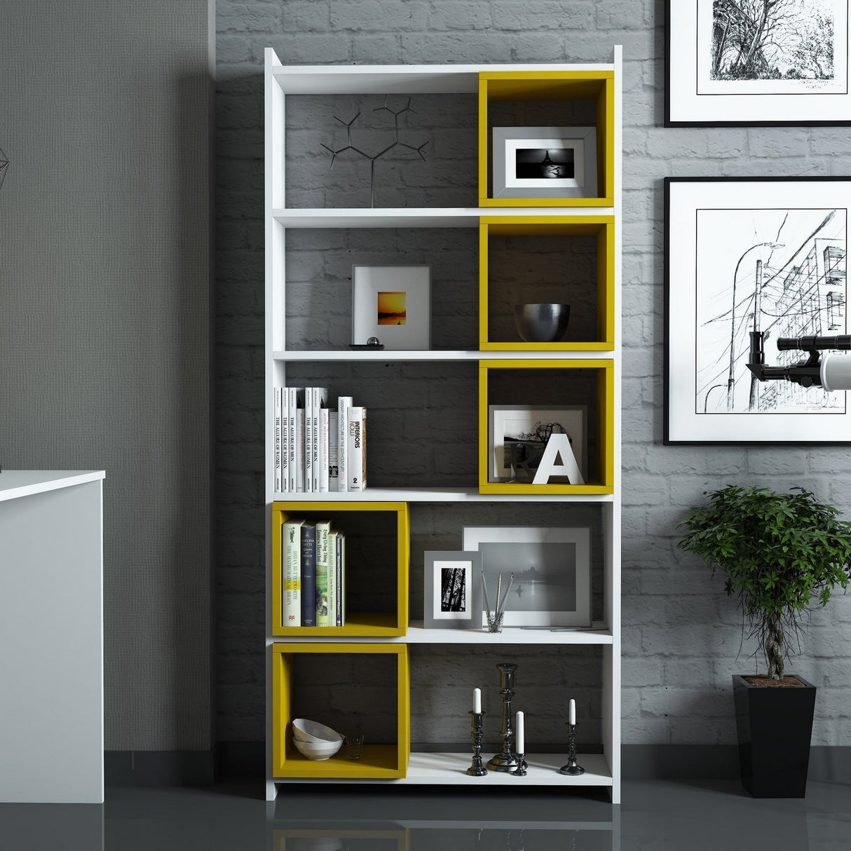 Bibliotecă Box, Diverse culori, 80x22x170 cm - Alb - Galben | SKU: 845HCT3628 | Bibliotecă Box, 80x22x170 cm, varianta Alb - Galben, produs pentru amenajarea locuinței, disponibil online în România la CasaMob