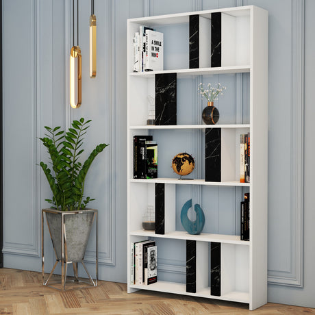 Bibliotecă Lima - White, Black Marble, Alb - Negru, 90x20x180 cm