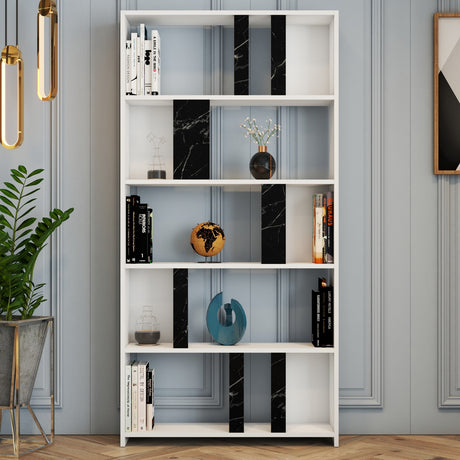 Bibliotecă Lima - White, Black Marble, Alb - Negru, 90x20x180 cm