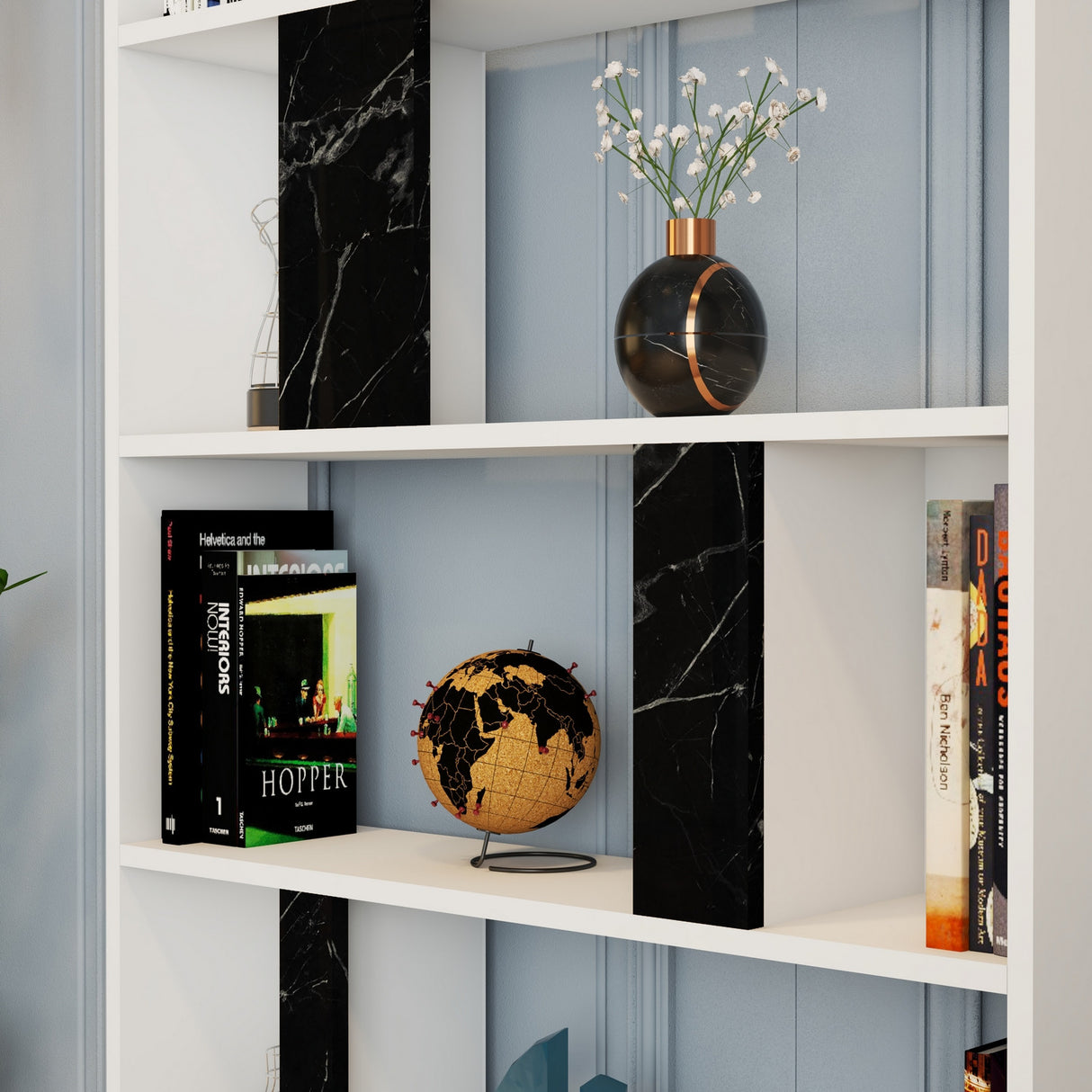 Bibliotecă Lima - White, Black Marble, Alb - Negru, 90x20x180 cm