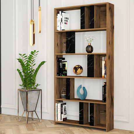 Bibliotecă Lima - Walnut, Black Marble, Nuc - Negru, 90x20x180 cm