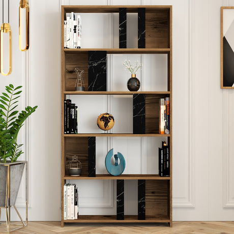 Bibliotecă Lima - Walnut, Black Marble, Nuc - Negru, 90x20x180 cm
